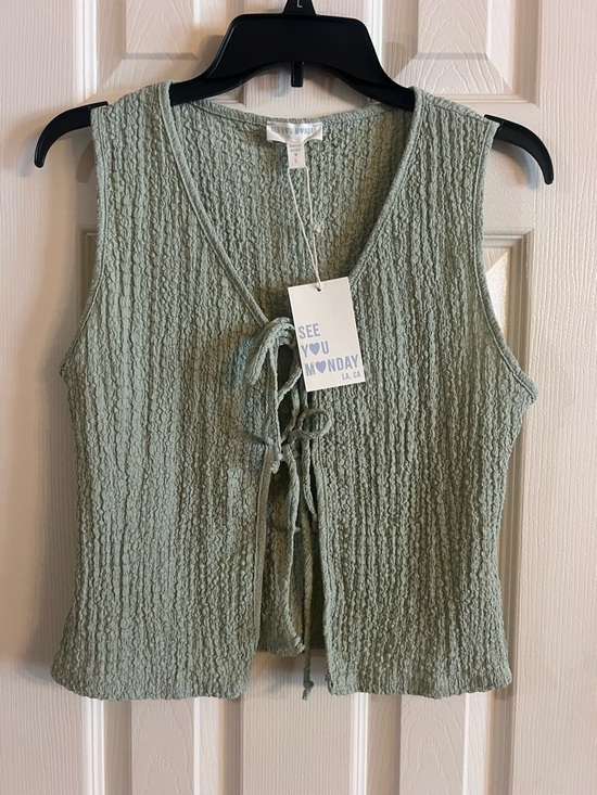 See You Monday Tops - See You Monday Sage Green Textured Tie-Front Tank Top